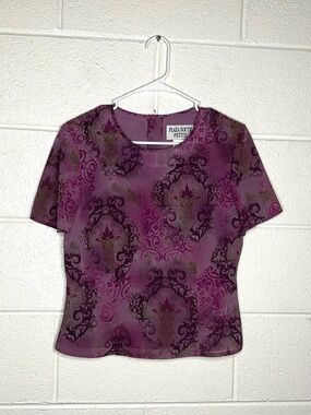 < Vintage Plaza South Purple Short Sleeve Blouse Button Back Size 8P >